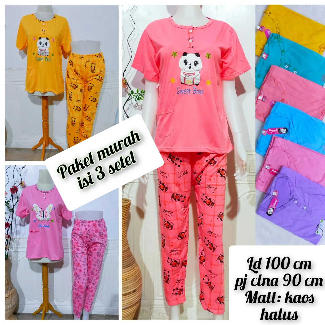 grosir 3 pcs setelan kaos wanita warna mix