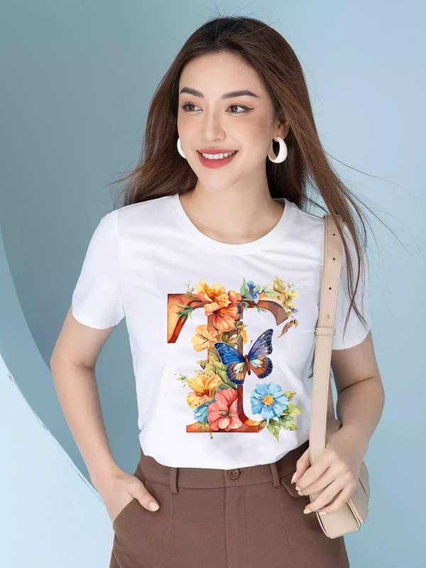 Áo Thun Ngắn Tay Áo Phông Cotton Thoán Mát Mềm Mại Thiết Kế Mới Thời Trang Mùa Hè Top Nữ Nhung Cổ Tròn Voi Women 1