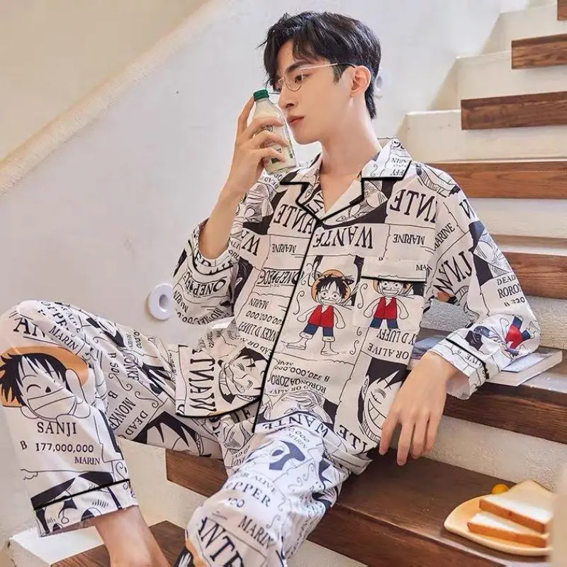 Bộ Đồ Ngủ Lụa Lạnh Dành Cho Nam Giới, Bộ Sưu Tập Mùa Xuân Và Mùa Thu, Quần Dài Tay, Thích Hợp Cho Thanh Thiếu Niên, Thiết Kế Anime Một Mảnh Và Hoạt Hình Mới, Đồ Mặc Nhà