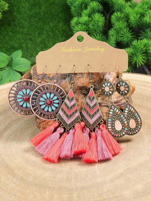 Boho Style Dangle Earrings Set for Women Girls, 12 Pairs Retro Style Hollow Pattern Flower & Leaf & Water Drop & Tassel Design Dangle Earrings, Fashion Jewelry, Exquisite Gifts 4