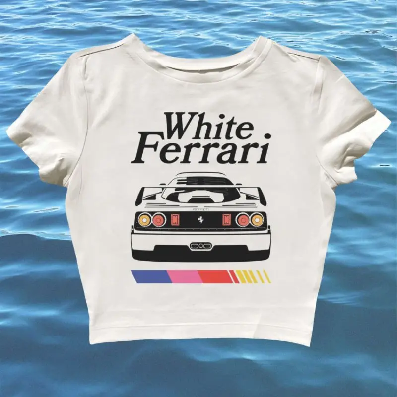 CROP TOP FRANK OCEAN WHITE FERRARI | BABY TEE SLIM FIT | Y2K STYLE | KAOS MOBIL BALAP | BAJU CROP WANITA 0