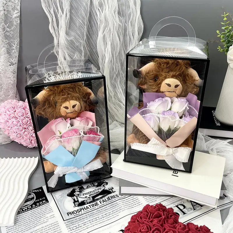 Highland Cow Plush Toy with Artificial Rose Bouquet, 1 Set Cute Plush Toy, Home Decor Ornament, Gift for Your Love 3