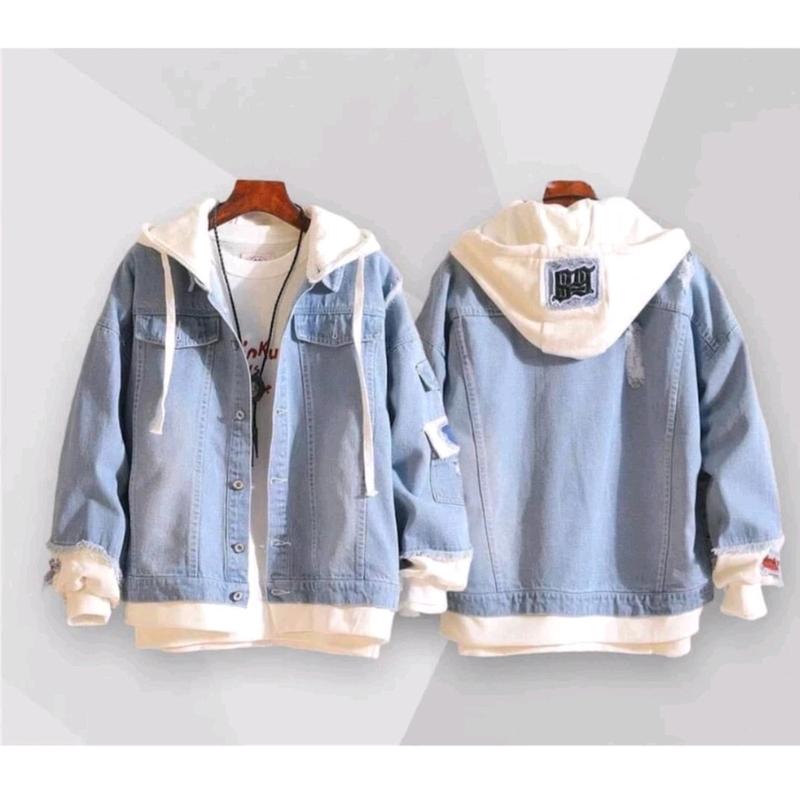 Áo khoác jean nam nữ xanh mũ nỉ màu xanh nhạt form rộng hot Menswear Menswear Nhung Jacket Có Cổ Kem