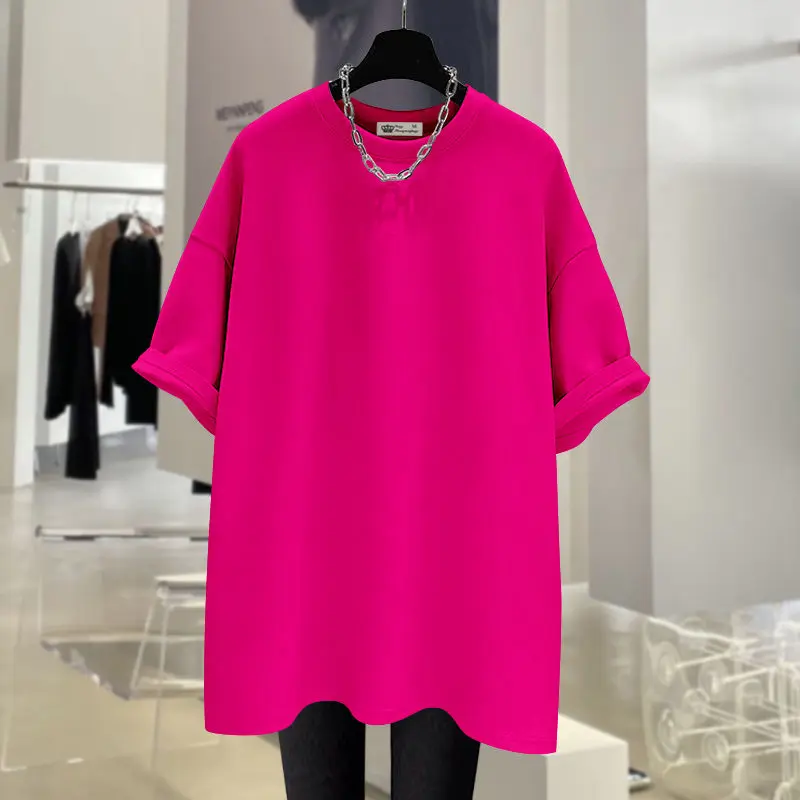 Large Short Sleeve T-shirt Women's Summer Cotton 2024 New High-End Solid Color Casual Loose Mid-Length round Neck Tops Comfort Womenswear Collar Fashion Customized Evening Fabric Gorgeous Overall Piece Simple Style Lingerie Soft Velvet