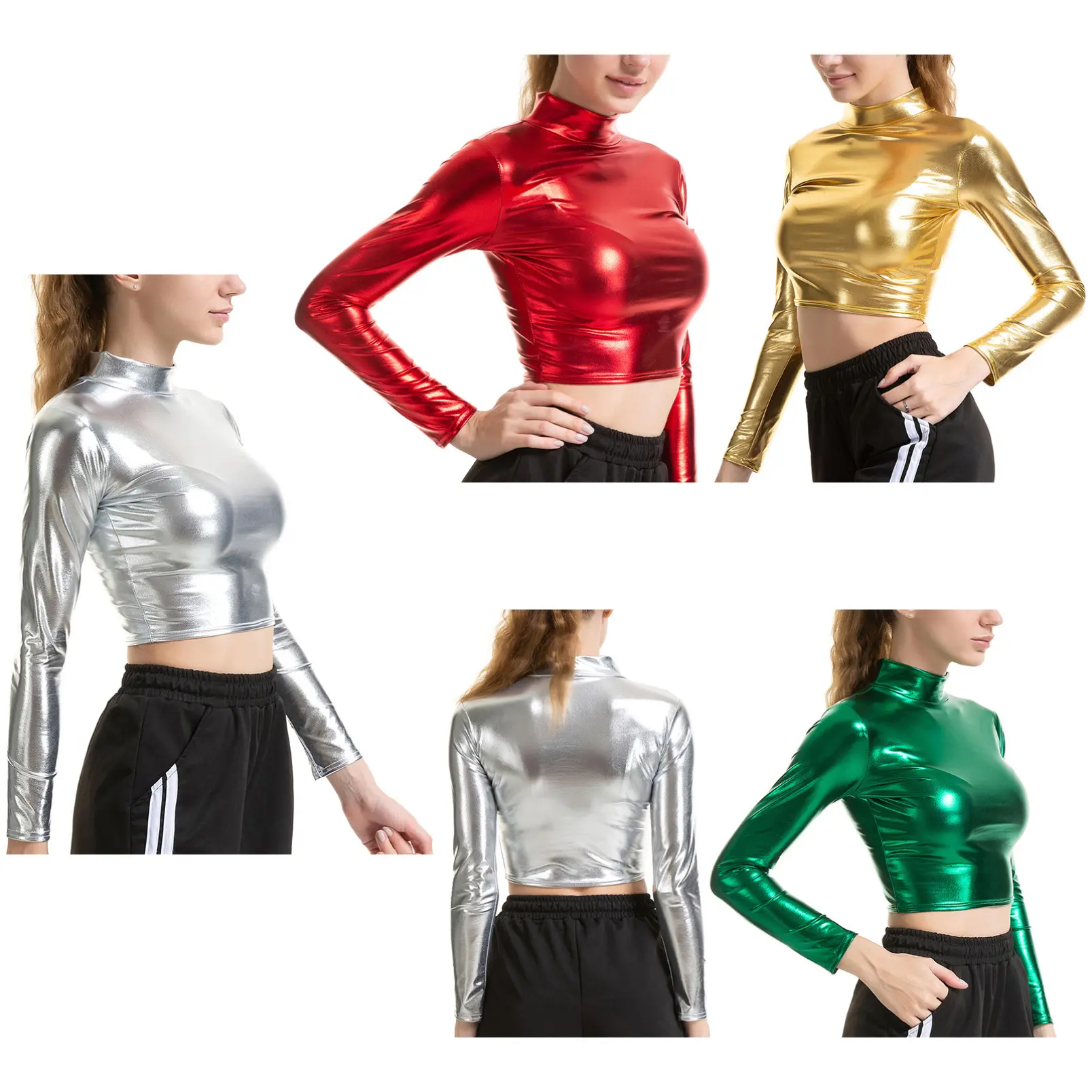 iixpin Women's Liquid Metallic Rave Dance Mock Neck Turtleneck Long Sleeve Crop Top Fit Shirt