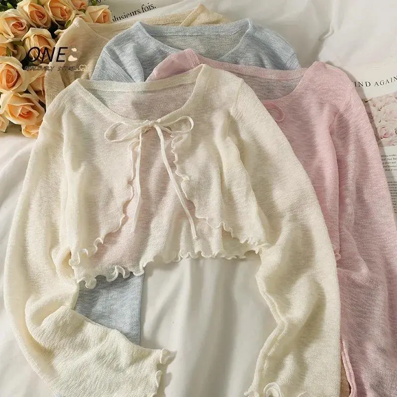 Women Frenum Cardigan Blouses and Tops Bow Lace Up Long Sleeve Crop Top Female Elegant Shirt Thin Aesthetic Clothes Korean Style Fitted