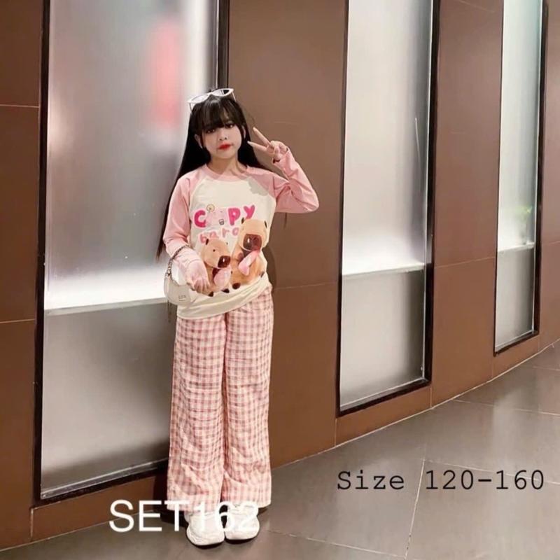 Áo Thun Dài Tay Quần Ống Xuông Kẻ Sọc in hình Capybara 9-50kg bé Gái, chất thun cotton có thể giặt máy (HL5)