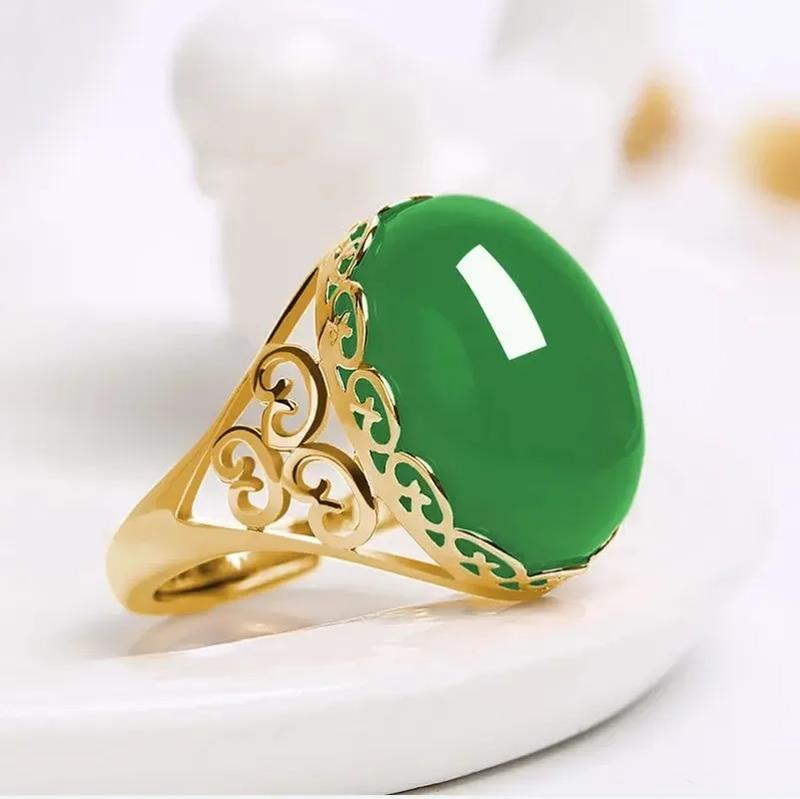 Product Introduction of 1PC Unisex RingsEthnic Style Imitation Green Chalcedony Ring Temperament Opening Imitation Agate Color Treasure 1