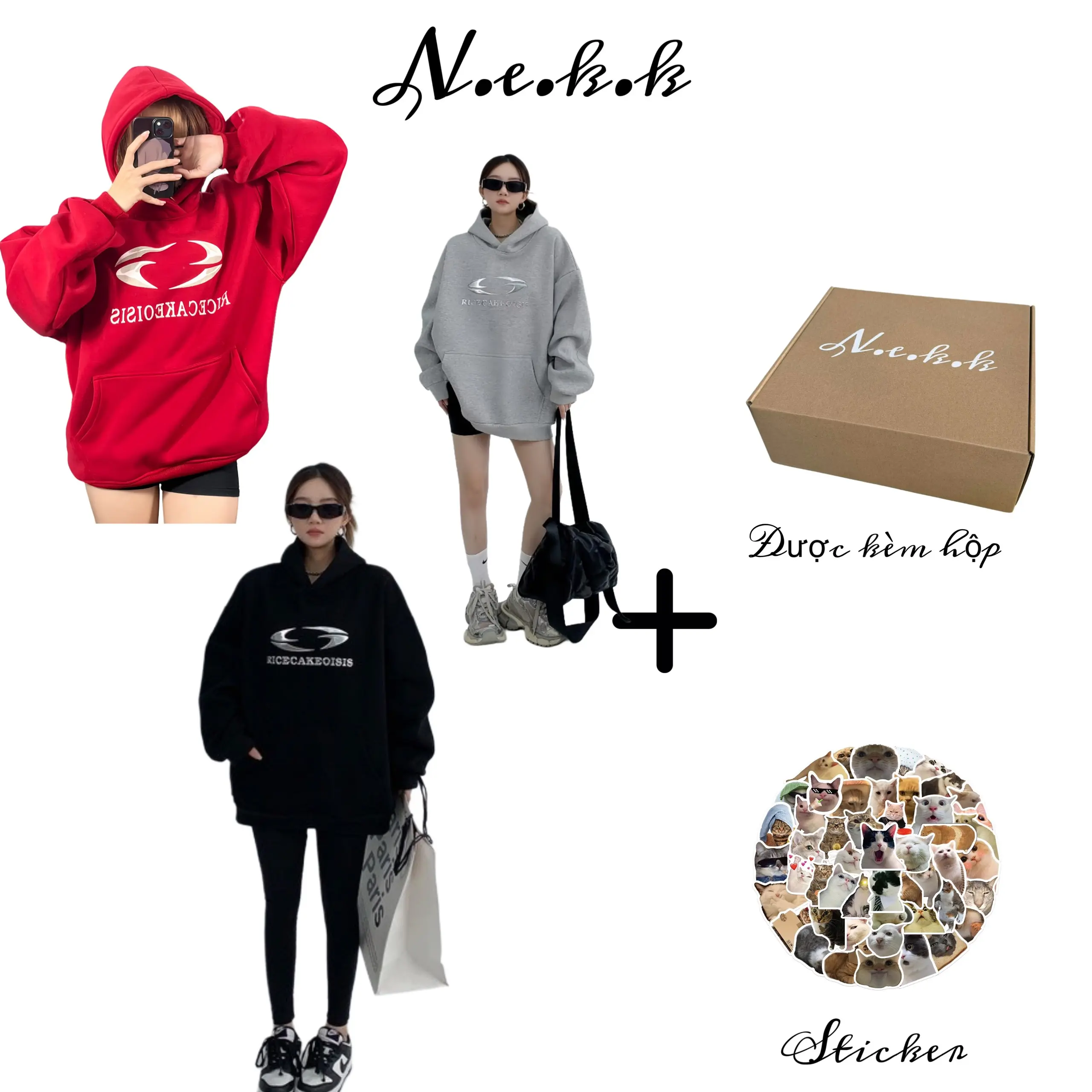 ÁO HOODIE NỈ RICECAKE FROM RỘNG UNISEX cotton TẶNG KÈM HỘP VÀ STICKER - N.E.K.K