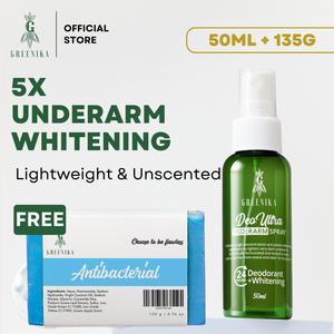 [ DEOULTRA UNDERARM SPRAY + ANTIBACTERIAL SOAP ] Greenika 5X Underarm Whitening Spray + Antibac Soap Underarm Spray Skin Whitening Armpit Whitening Underarm Deo Spray Under Arm Dark Spot Remover Fast Deodorant for Dark Underarms Dark Armpit