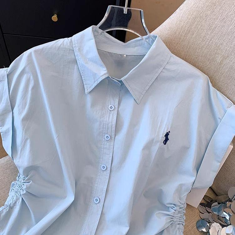 Áo Sơ Mi ngắn Tay Thiết Kế Dây Rút Phong Cách Hồng Kông, Ngọt Ngào Và Ngầu, Cổ Polo Thêu, Dành Cho Nữ, Trang Phục Mùa Hè, Áo Cardigan Không Đều Thanh Lịch 7