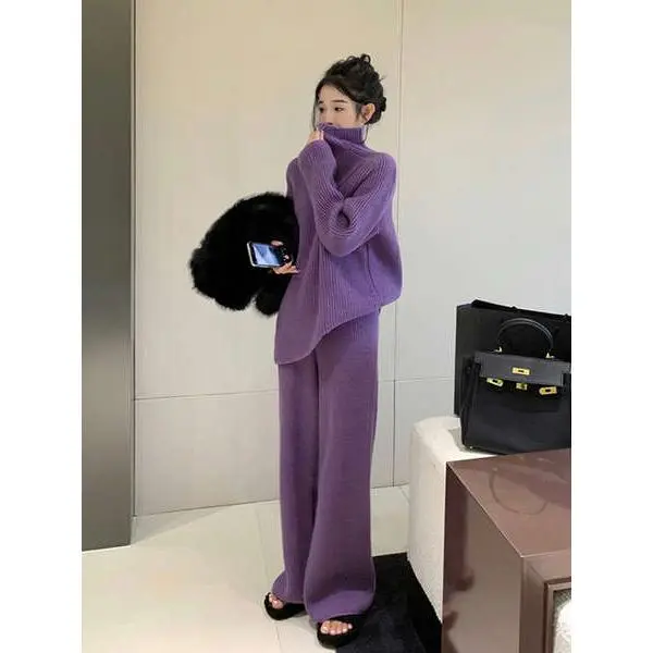 Bộ Đồ Dệt Kim Cao Cổ Màu Tím Cho Nữ, Bộ Đồ Mùa Thu Và Mùa Đông Mới, Thời Trang Dày Và Rộng Rãi, Áo Len Cao Cấp, Quần Ống Rộng, Bộ Đồ Hai Mảnh