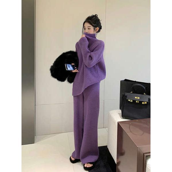Bộ Đồ Dệt Kim Cao Cổ Màu Tím Cho Nữ, Bộ Đồ Mùa Thu Và Mùa Đông Mới, Thời Trang Dày Và Rộng Rãi, Áo Len Cao Cấp, Quần Ống Rộng, Bộ Đồ Hai Mảnh