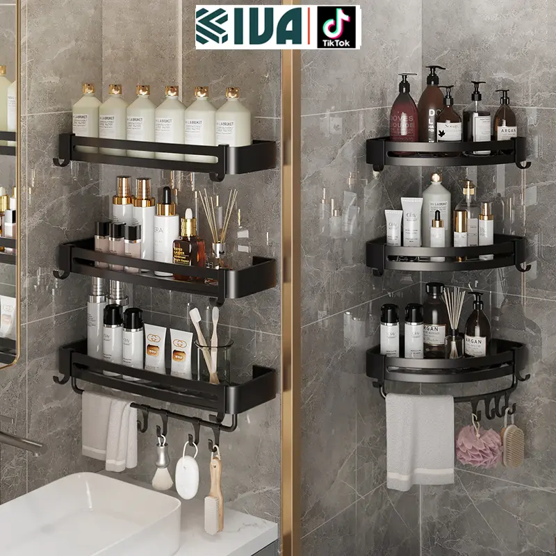 Kệ góc nhôm hàng không nhà tắm KIVA, kệ nhà tắm để đồ dán tường, khoan tường chất liệu nhôm hàng không cao cấp.