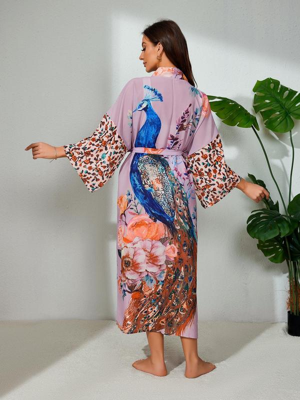 [Plus Size] Peacock & Floral Print Belted Wrap Kimono Cardigan, Casual Boho Three Quarter Length Sleeve Split Hem Kimono Cardigan, Women's Summer Swimwear for Beach Holiday Vacation 3