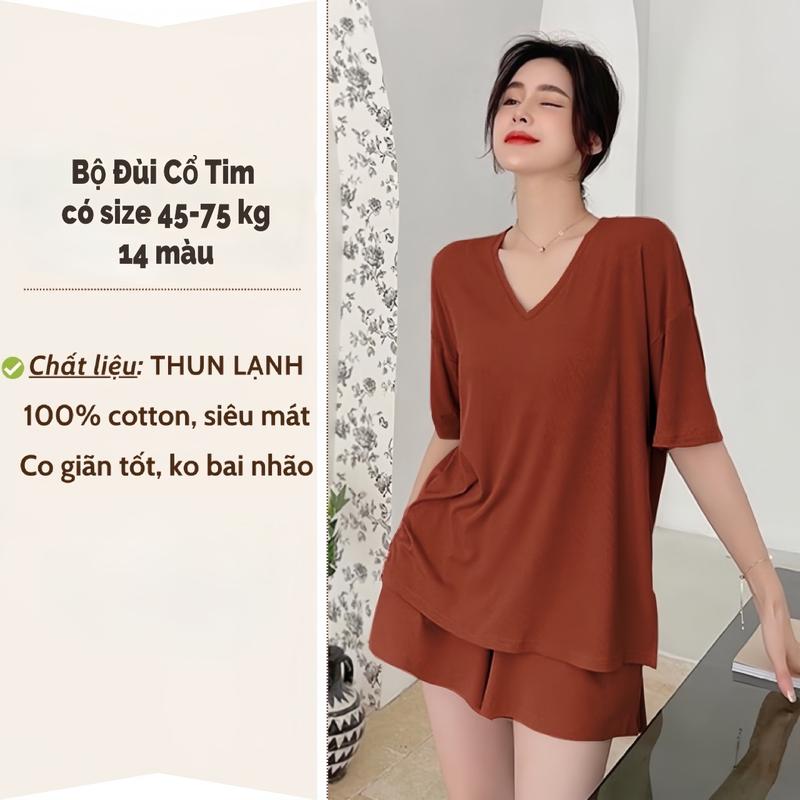 Đồ Bộ Đùi Thun Lạnh Cổ Tim Mặc Nhà Cotton Nữ Women Voi Quần Ngủ pyjama lưng mặc