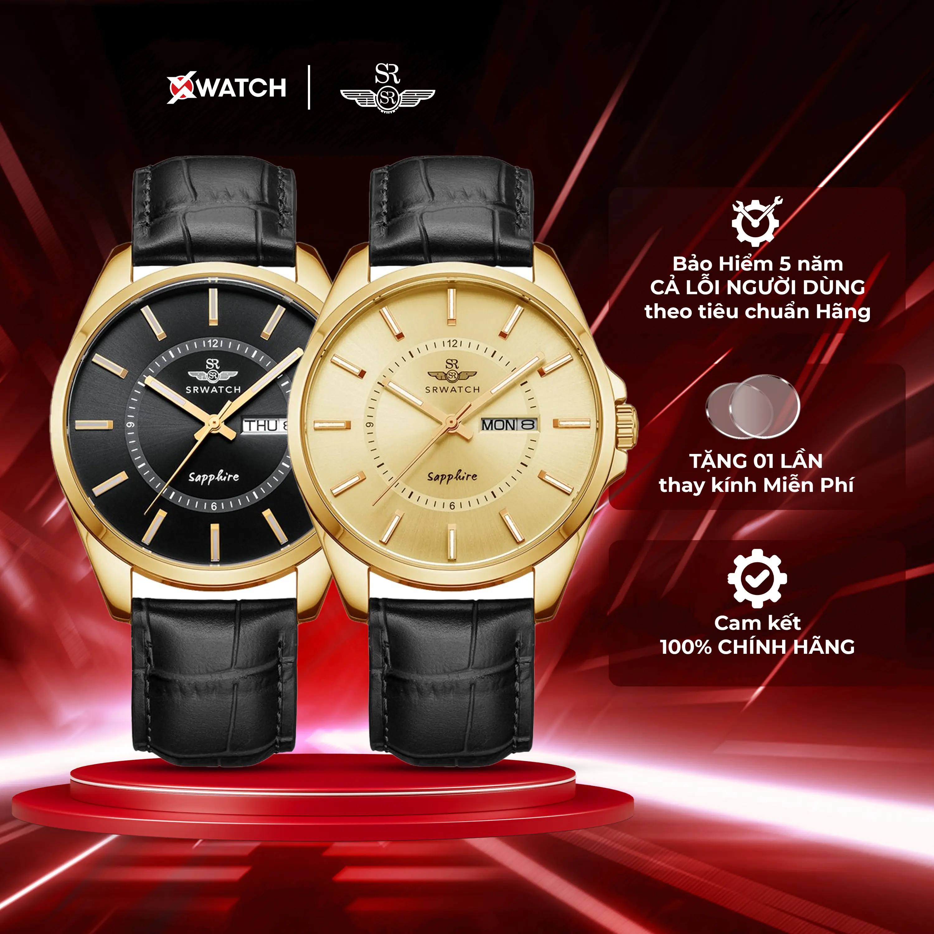 Đồng hồ nam đeo tay SRWatch SG1902 máy Quartz, dây da, vỏ thép không gỉ mạ vàng, kính Sapphire, dạ quang, lịch ngày chính hãng Nhật Bản