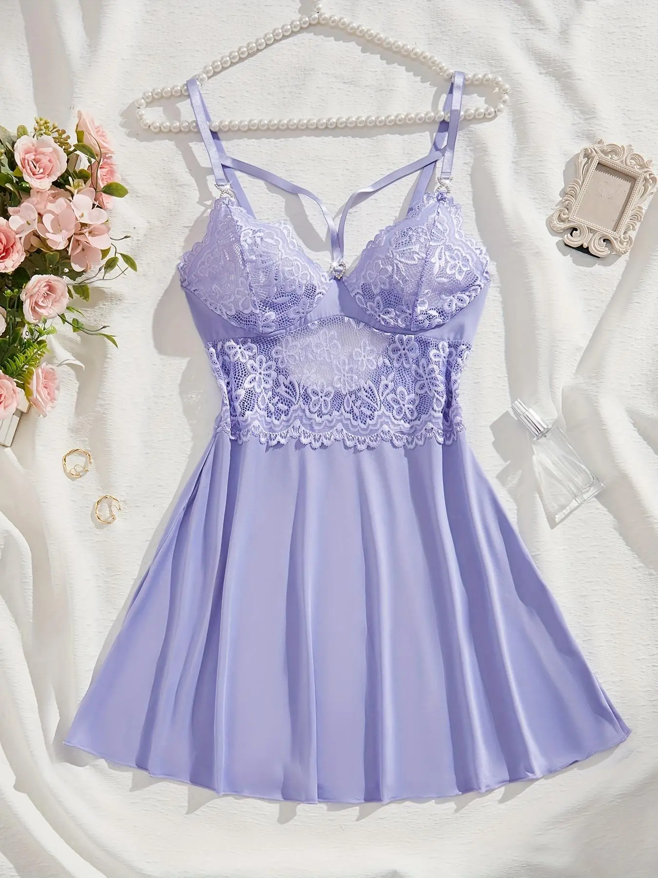 Women's Cut Out Backless Floral Lace Cami Nightdress, Sexy Adjustable Spaghetti Strap Semi-sheer Nightgown, Soft Comfortable Sleepwear for Women