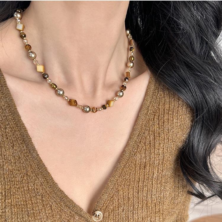 gelang baliGelang Bali Fashionable Autumn and Winter Maillard Tigereye Dicksoniaceae Irregular Beaded Necklace Temperament Entry Lux Simple Sweater Chain Necklace Setnecklace set 0