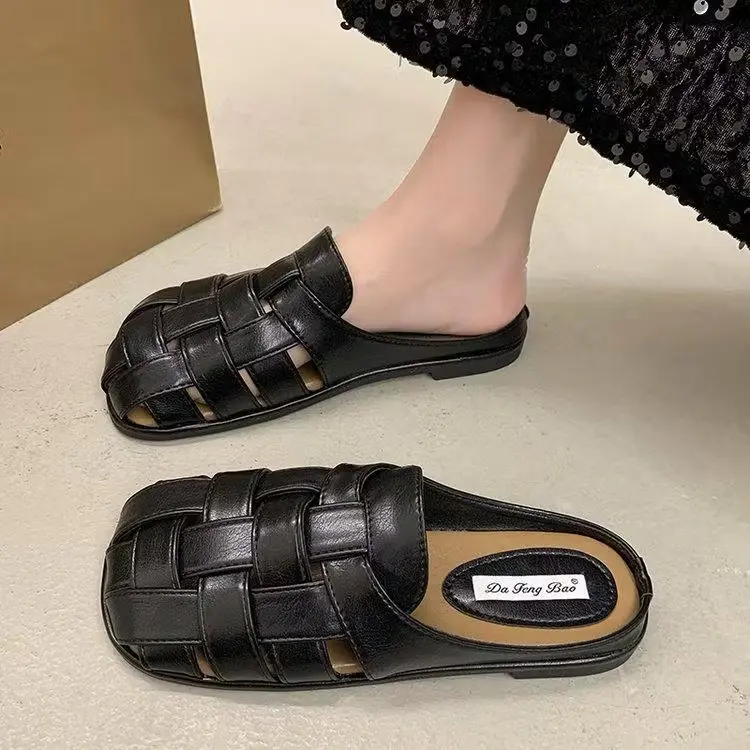 【cod】cici retro square toe weave flat bottom net celebrity fashion slippers women's summer wear new hollow roman mule baotou cool