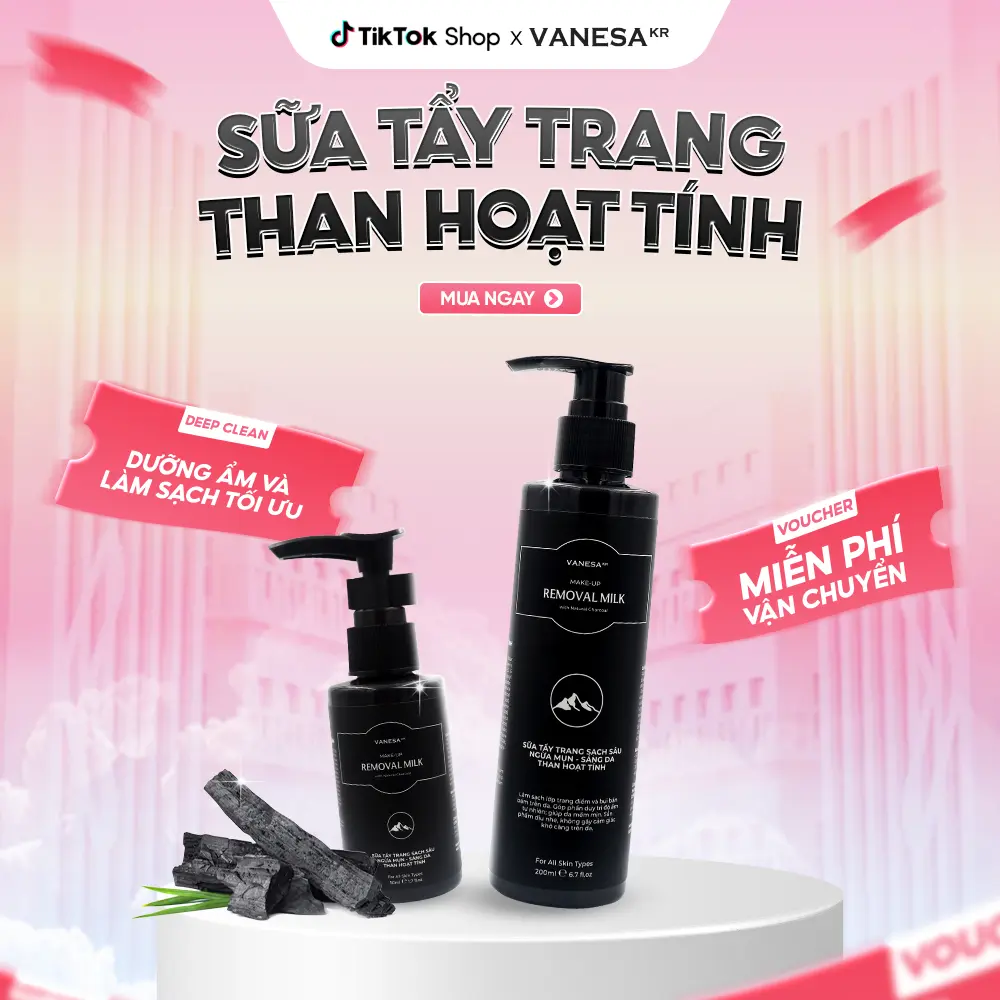 Sữa Tẩy Trang Than Hoạt Tính VANESA Makeup Removal Milk 50ml/200ml da nhạy cảm, dịu nhẹ, cấp ẩm, sạch sâu dầu thừa, lớp makeup, mascara, son an toàn dịu nhẹ