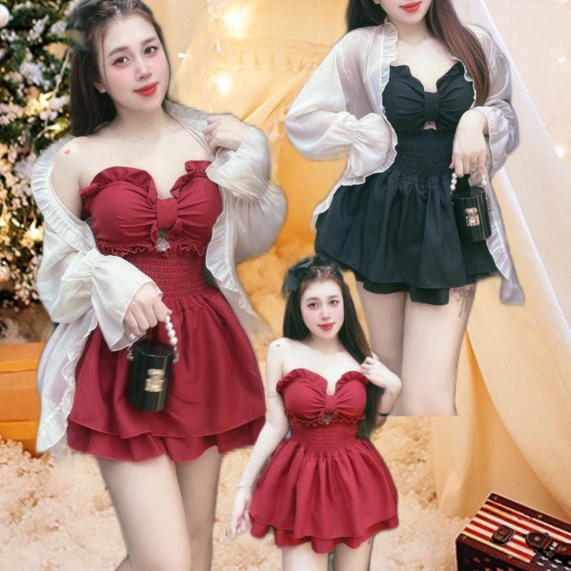 Set nơ 3 món áo ống chân váy áo khoác tơ có lót eo <95 Nữ