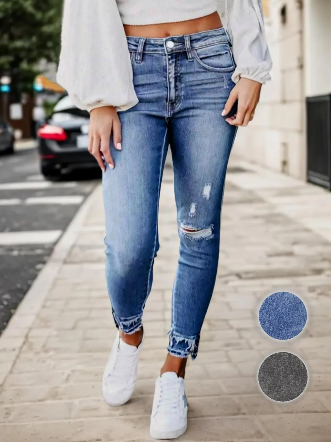 Women's Plain Raw Hem Button Pocket Pencil Jeans, Casual Comfy Denim Trousers for Daily Wear, Ladies Bottoms for All Seasons, Womenswear