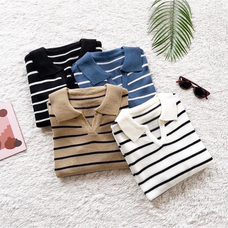 Atasan Wanita import stripe Rajut Premium Kekinia 2023 fit panjang Knitwear Strip Putih Cream 2