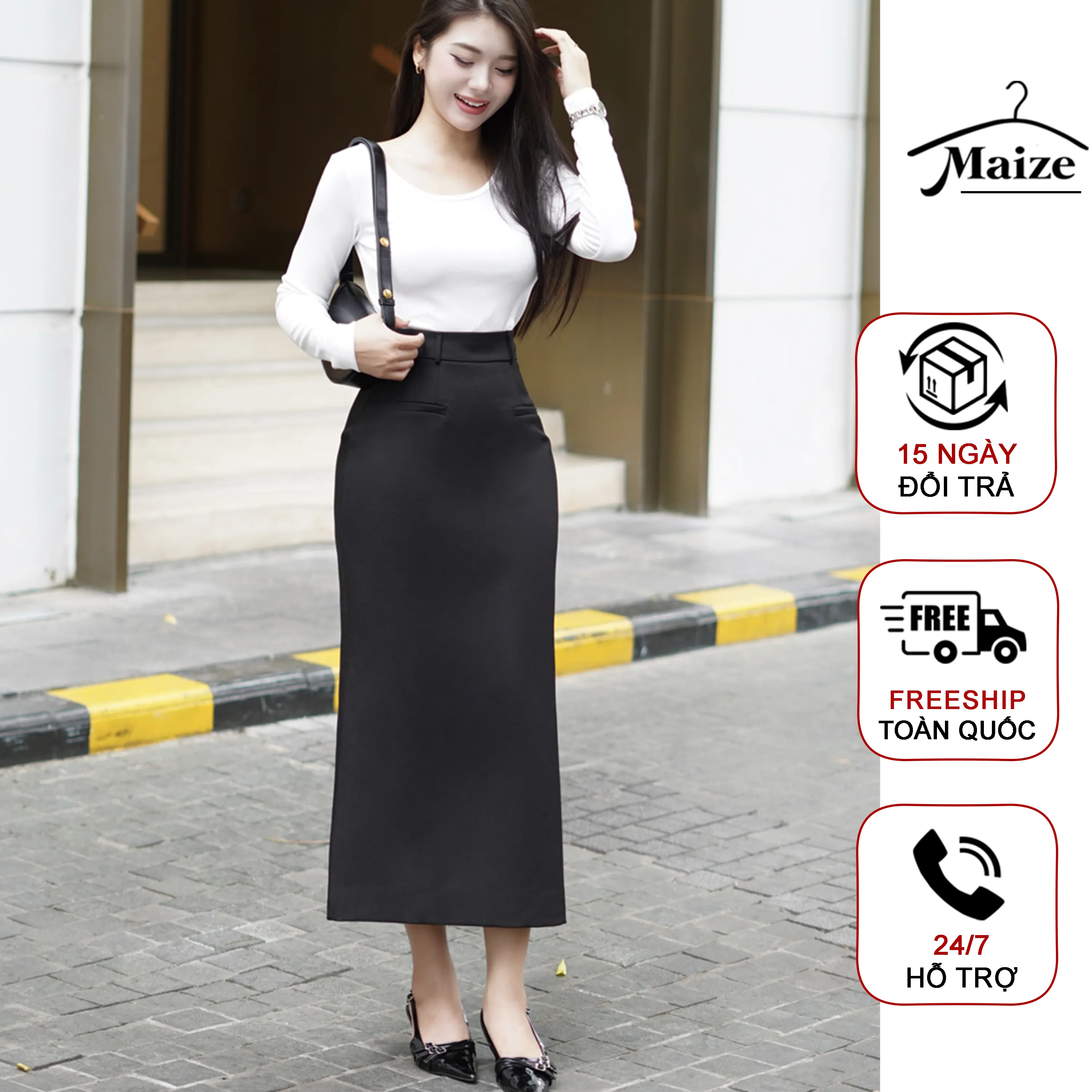 Chân váy nữ dáng suông Maize 2 Lớp Ép Mùng Chống Nhăn Dài 83 cm Xẻ Tà Sau Cạp Cao Ôm Eo Hack Dáng