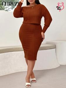 CURVZY Plus Size Two-Piece Set Solid Color One Shoulder Ribbed Top & High Waist Skirt, Casual Fashion Cozy Outfits for Daily Outdoor Wear, Women Clothing for Fall