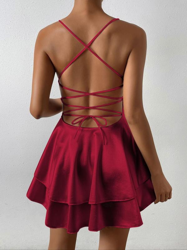 Women's Lace Up Backless Tiered Layer Ruffle Trim Cami Dress, Elegant Solid Wrap Sleeveless A Line Short Dress for Party Club Dating Wear, Ladies Summer Clothes Formal Womenswear 7