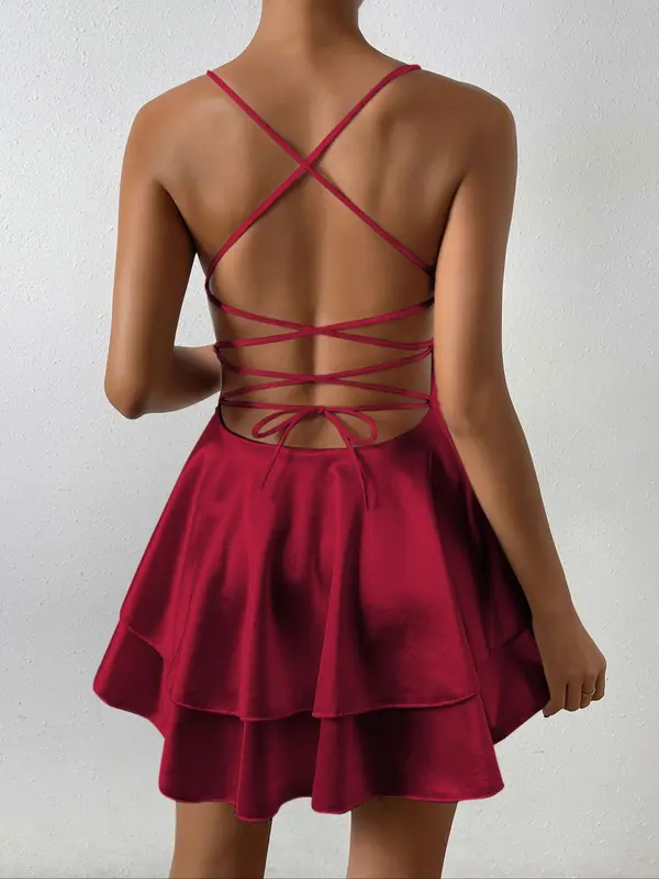 Women's Lace Up Backless Tiered Layer Ruffle Trim Cami Dress, Elegant Solid Wrap Sleeveless A Line Short Dress for Party Club Dating Wear, Ladies Summer Clothes Formal Womenswear 7