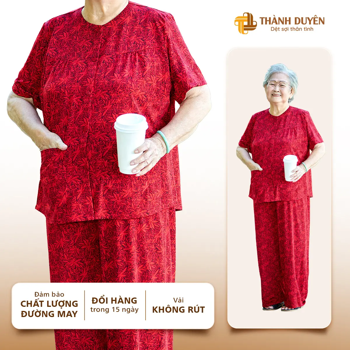 Đồ bộ Thun cao cấp bà mặc nhà Thành Duyên bông, tay con có 2 túi áo, quần dài, không rút, thoáng mát- 9546TCD (04-24) Nữ Women