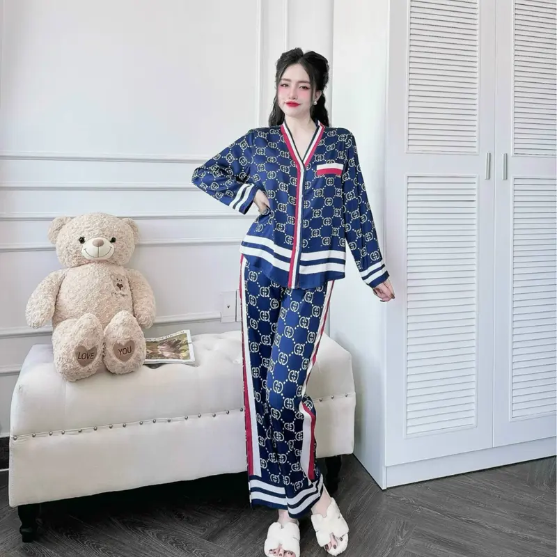 Bộ Đồ Ngủ Dài Cổ Y Dành Cho Nữ Hoạ Tiết Dễ Thương Chất Liệu VảI Lụa Latin Cao Cấp S1081 Women lụa 8
