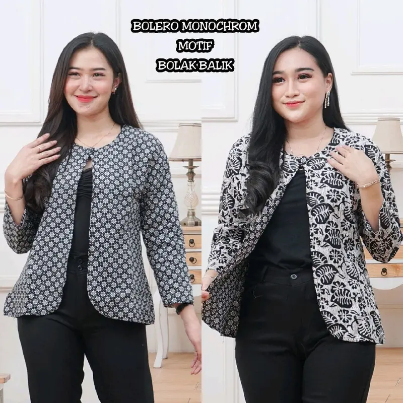 Outer Wanita Blezer Kerja Batik Bolak Balik 2 Motif 2 in 1 Real Pict Kancing Blazer Atasan Hitam Casual Kotak Panjang Baju 5