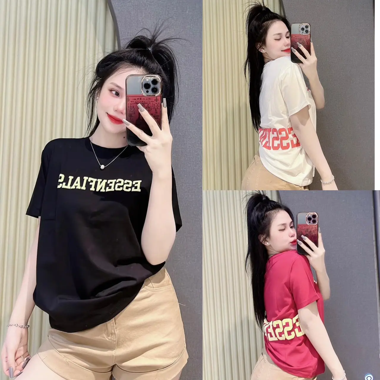 Áo thun Cotton Thái nữ PHOM VỪA, PHOM RỘNG chữ nổi ( Mã THÁI chữ trước sau ESSEN )