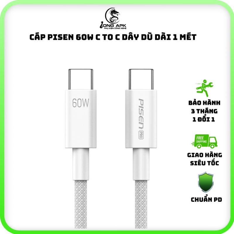 Cáp sạc PISEN 60w C to C dài 1 mét dây dù dùng cho điện thoại - lap - pad - mac phụ kiện phone Sạc Điện Thoại Usb