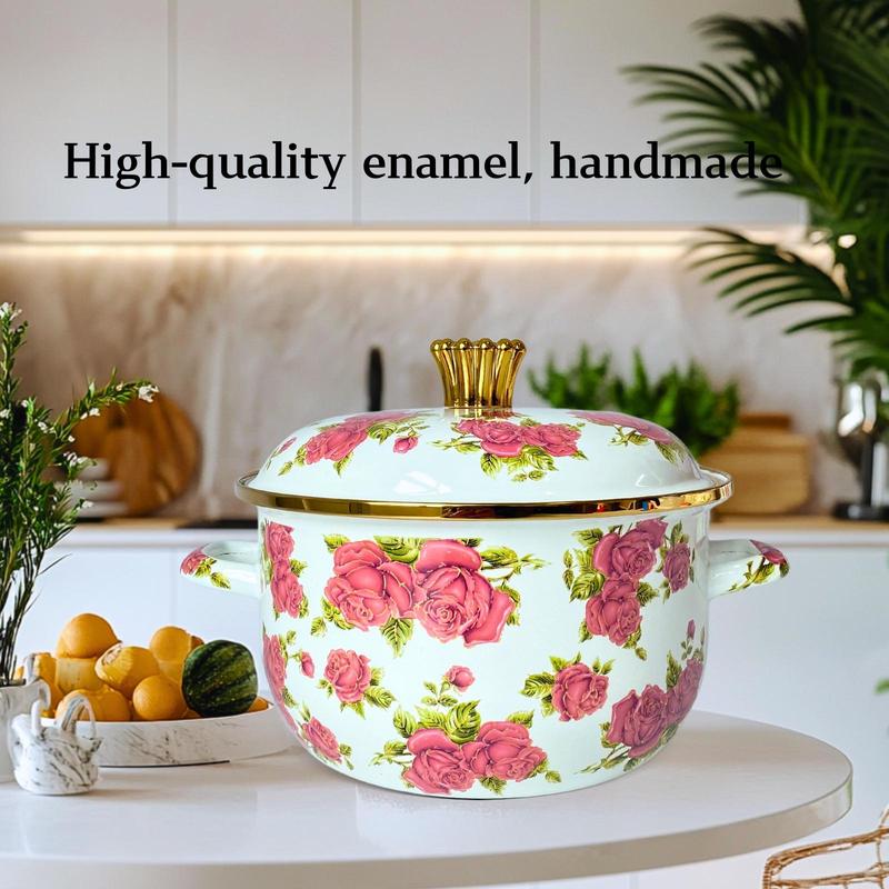 Rose Pattern Enamel Pot with Lid & Handle, 1 Count Vintage Style Flower Pattern Pot, Kitchen Cookware for Home Use, Kitchen Accessories 7