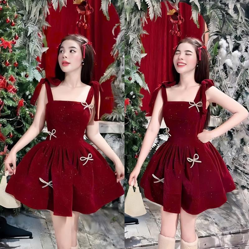  Đầm váy nữ nhung 2 dây bản to đính nơ  Có Mút  dáng xòe với tone màu đỏ sang chảnh dành cho các nàng diện tết Women Dress 