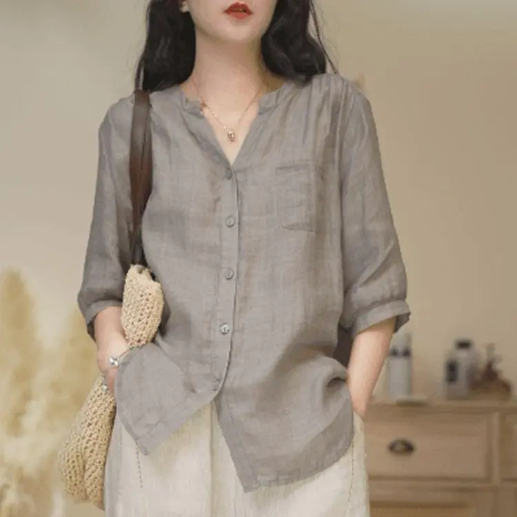 Loose plus Size Top Summer Minimalist Style Solid Color and V-neck Twill Ramie Shirt Women's Half Sleeve Western Style Small Shirt