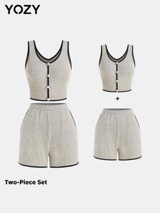YOZY Two-Piece Set Women's Contrast Binding Button Front Tank Top & Pocket Shorts, Casual Sleeveless Top & Shorts for Summer, Ladies Clothes for Daily Wear