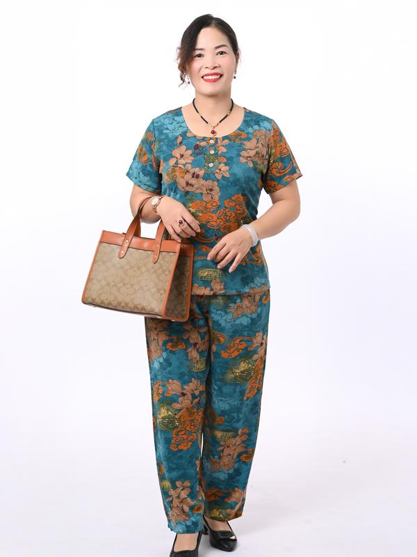 (DÀI TAY NGẮN XXL) đồ bộ LỤA TƠ TẰM in hoa lá  cao cấp BIG SIZE cho mẹ và bà tay ngắn, quần ống rộng, mềm mại , mịn mát Voi Ong Women Nữ dobo Áo Sen Top đobo tang me 0