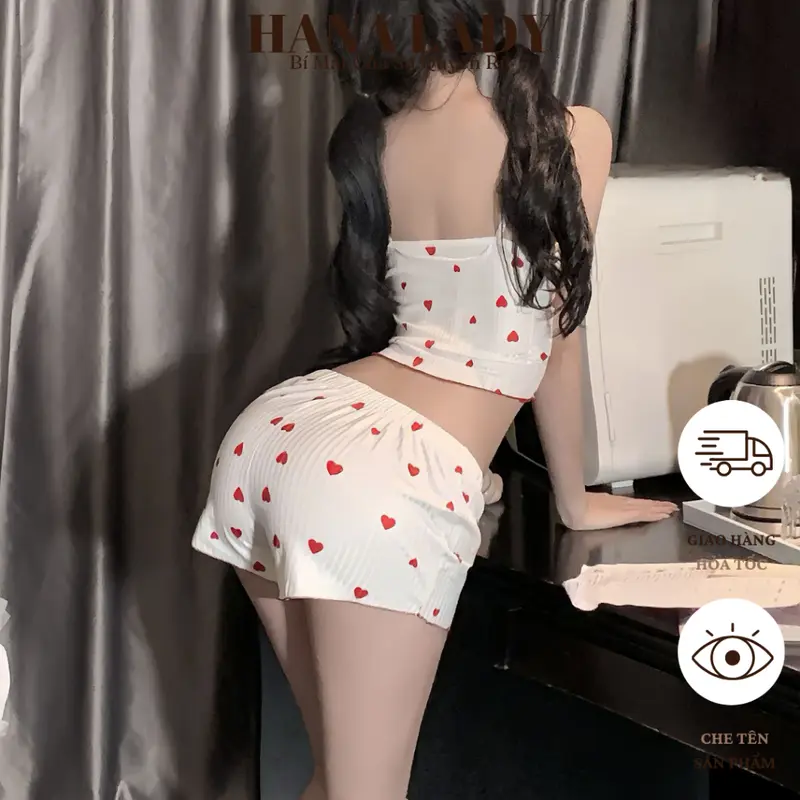 Đồ Ngủ Nữ - Bộ Ngủ Thun 2 Dây Croptop Họa Tiết Trái Tim Đính Nơ VN605 1