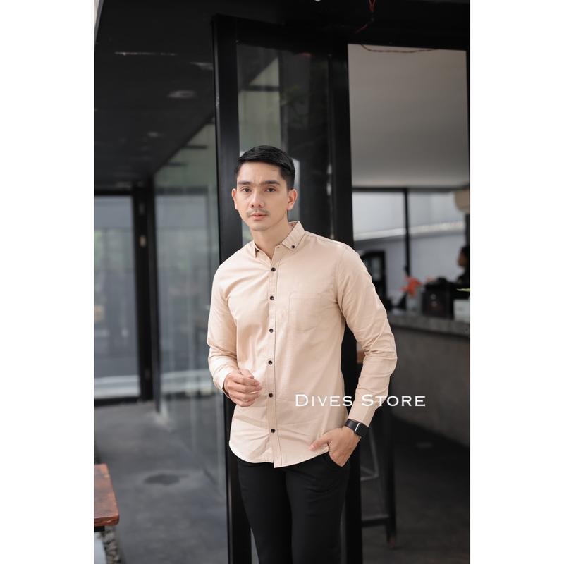 Kemeja pria polos slimfit kasual basic HeM lengan panjang hitam putih army navy maroon mustard coklat bata ungu pink Nyaman Casual 3