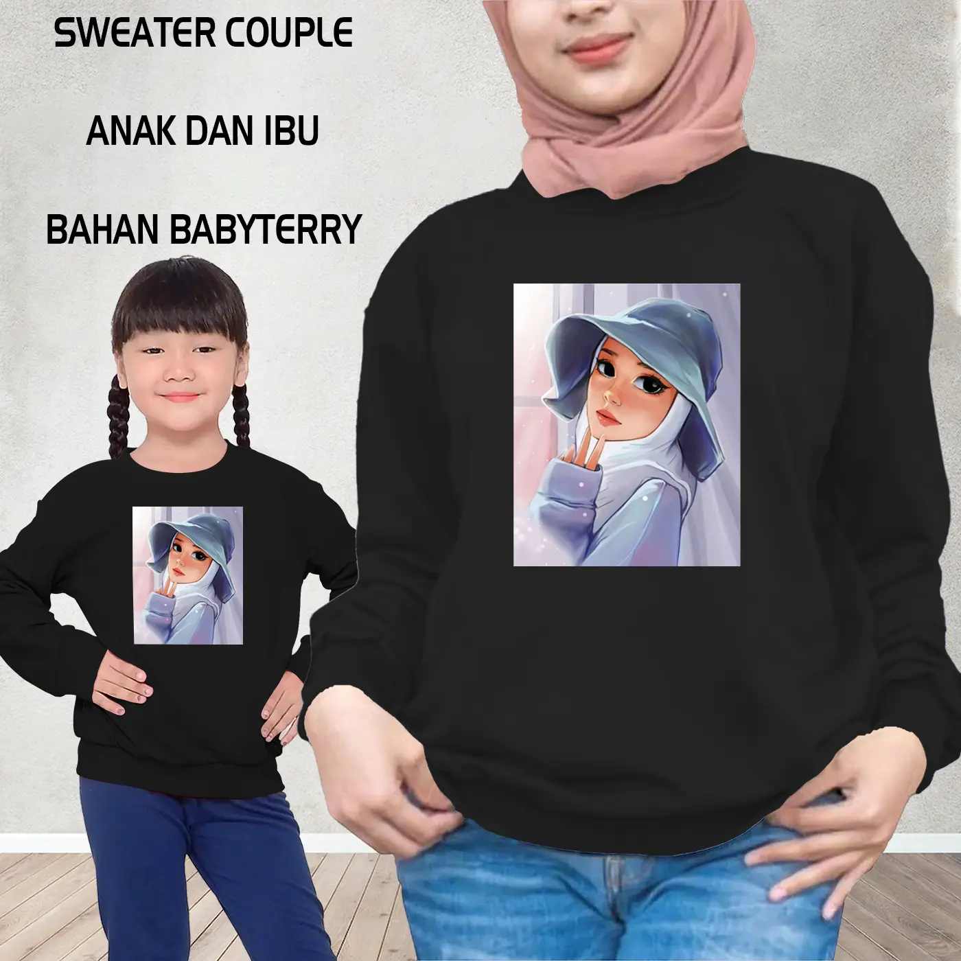 Sweater Couple Anak dan Dewasa HIJAB TOPI Bahan Babyterry Sablon DTF