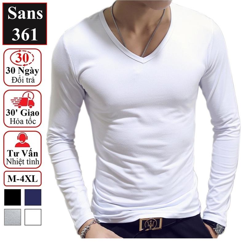 Áo thun nam dài tay Sans361 trơn cổ tim tròn đen trắng xanh than xám body cotton phông giữ nhiệt thu đông classic
