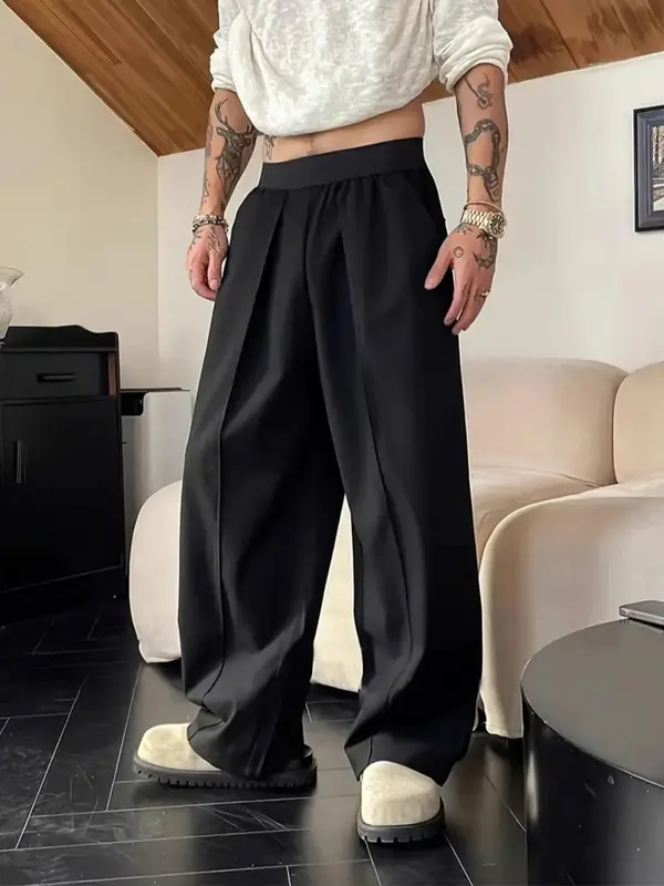 Men's Solid Color Wide Leg Pants, Loose Casual Comfy Trousers for Spring & Fall, Men's Bottoms for Daily Wear, Beige 6