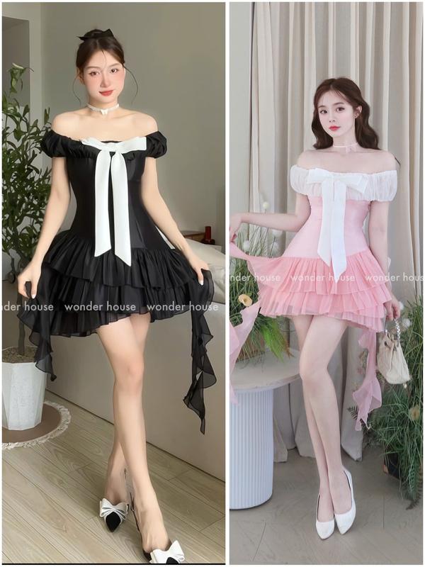 Wonderhouse Michin Dress Đầm thiết kế trễ vai xòe tua rua dự tiệc sang trọng, KÈM 1 CHOKER NHƯ ẢNH