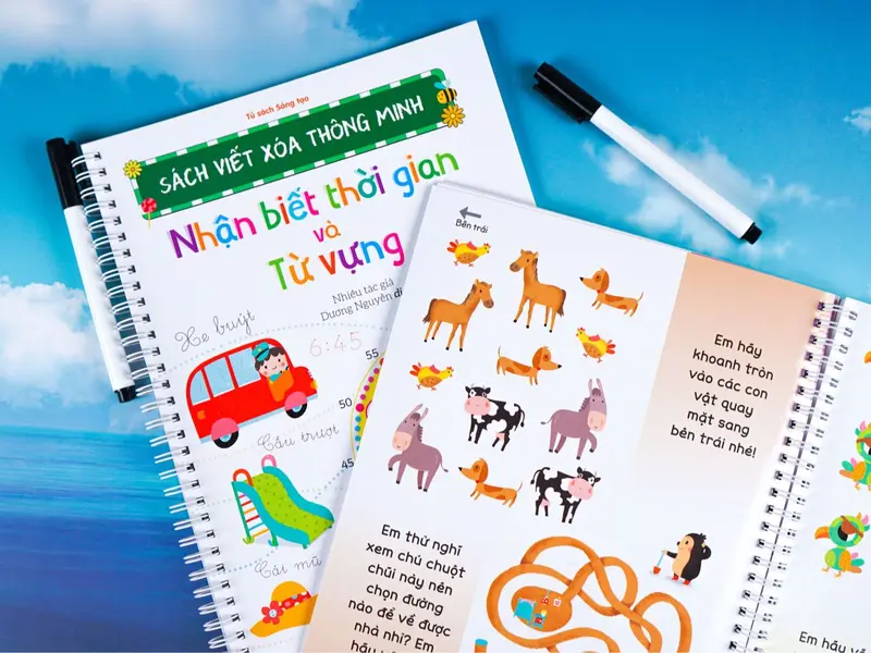Sách viết xóa thông minh - Nhận biết thời gian và từ vựng,Bảng cửu chương và phép cộng,Mê cung và nối số.. Đinh Tị 3