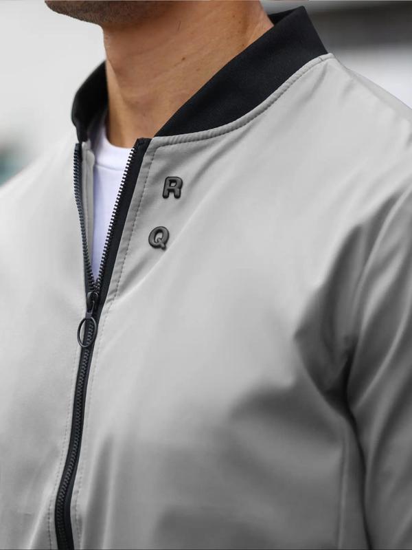 Men's Letter Design Pocket Contrast Binding Zip Up Bomber Jacket, Regular Fit Casual Long Sleeve Mock Neck Zip Front Outerwear For Spring & Fall, Men's Clothes For Daily Wear 4